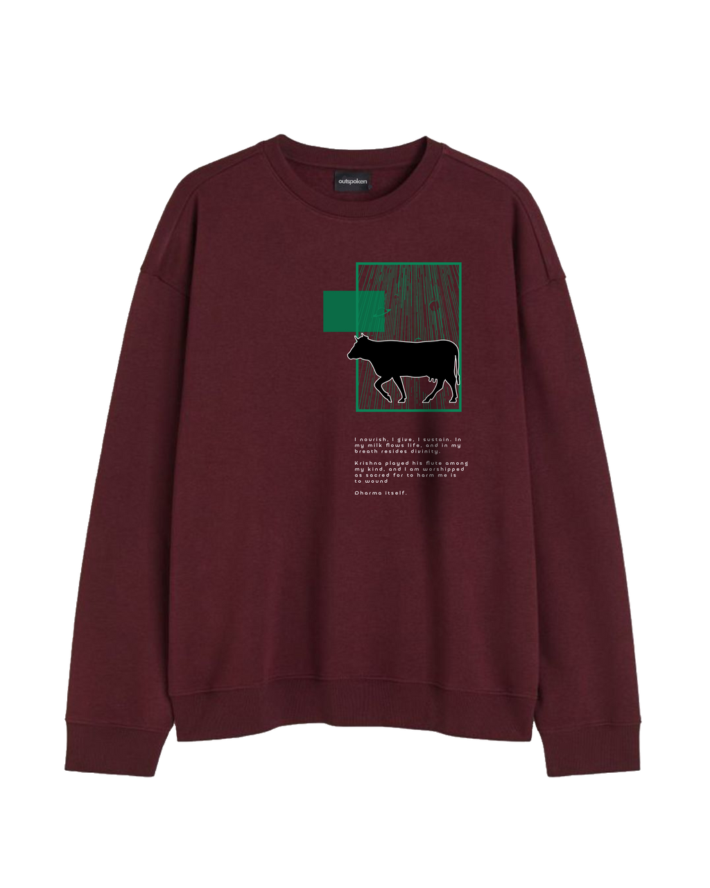 Outspoken maroon sweatshirt featuring Indian mythology clothing design with cow graphic and text print