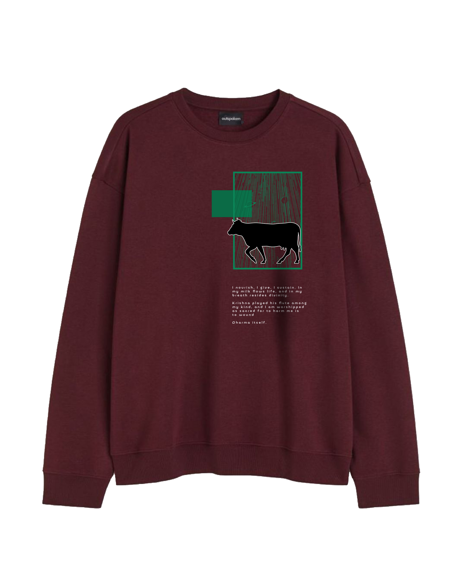 Outspoken maroon sweatshirt featuring Indian mythology clothing design with cow graphic and text print