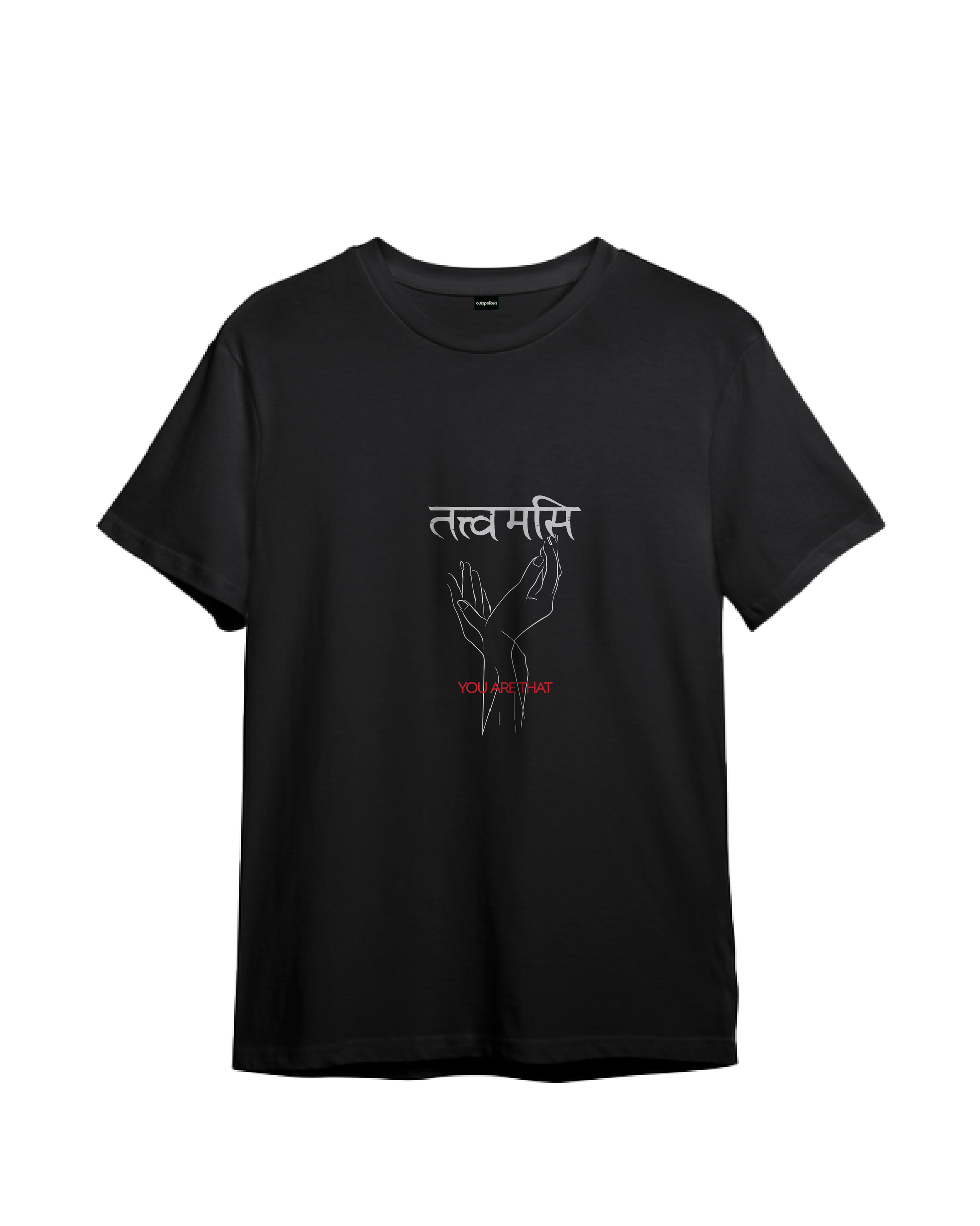 Black Indian philosophy shirt with abstract hand line art and Sanskrit text design