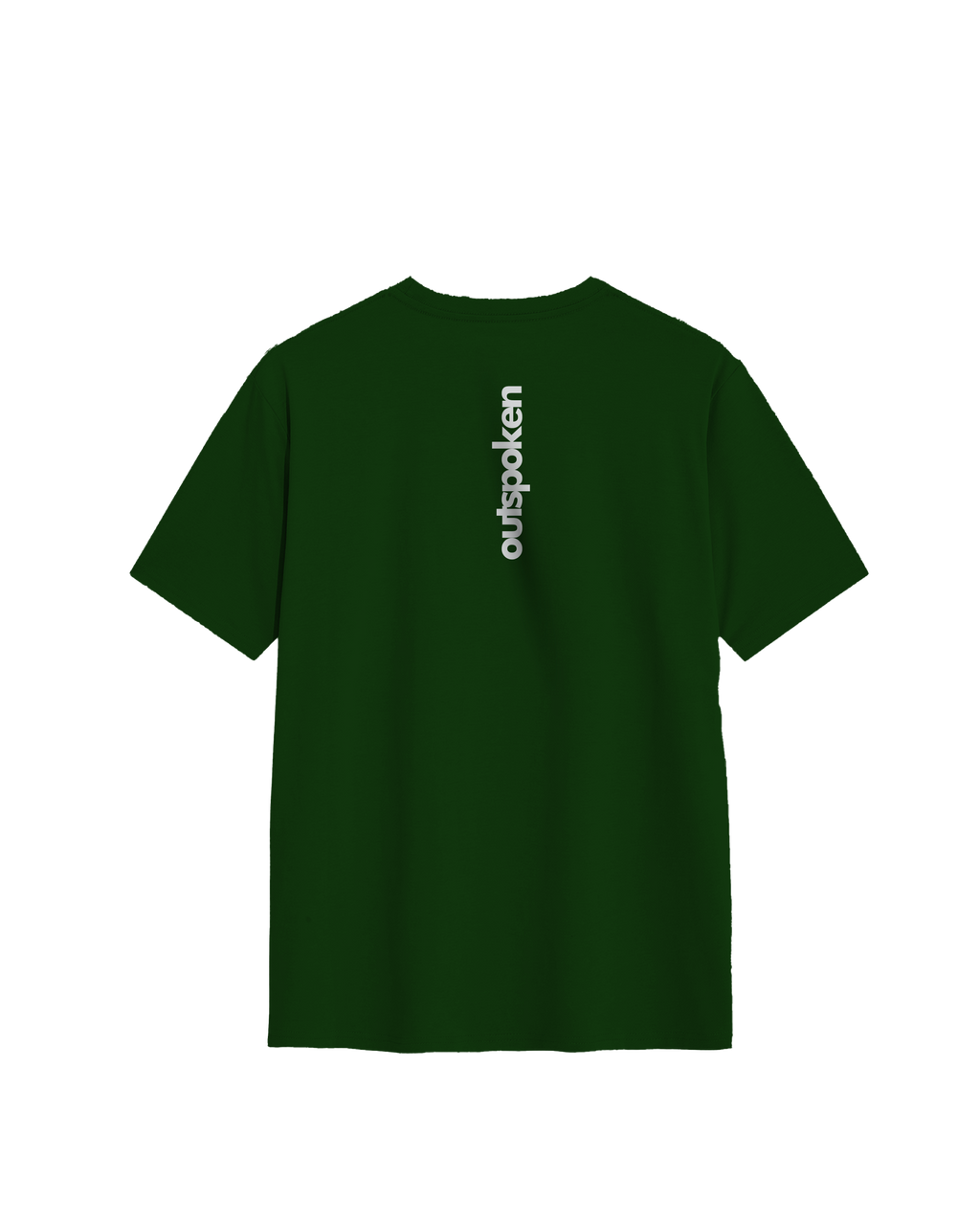Outspoken brand dark green Indian philosophy shirt with vertical white logo on back