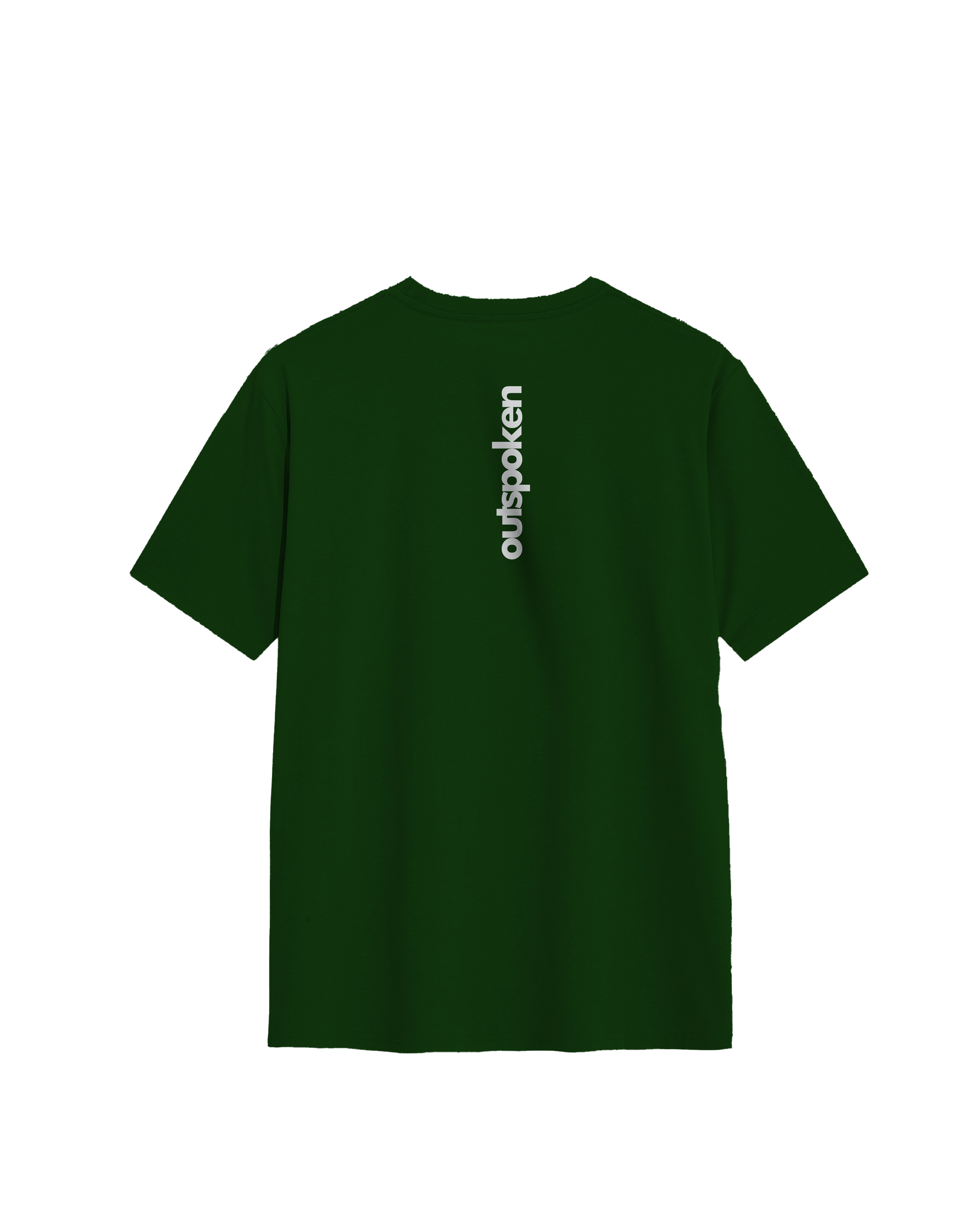 Outspoken brand dark green Indian philosophy shirt with vertical white logo on back