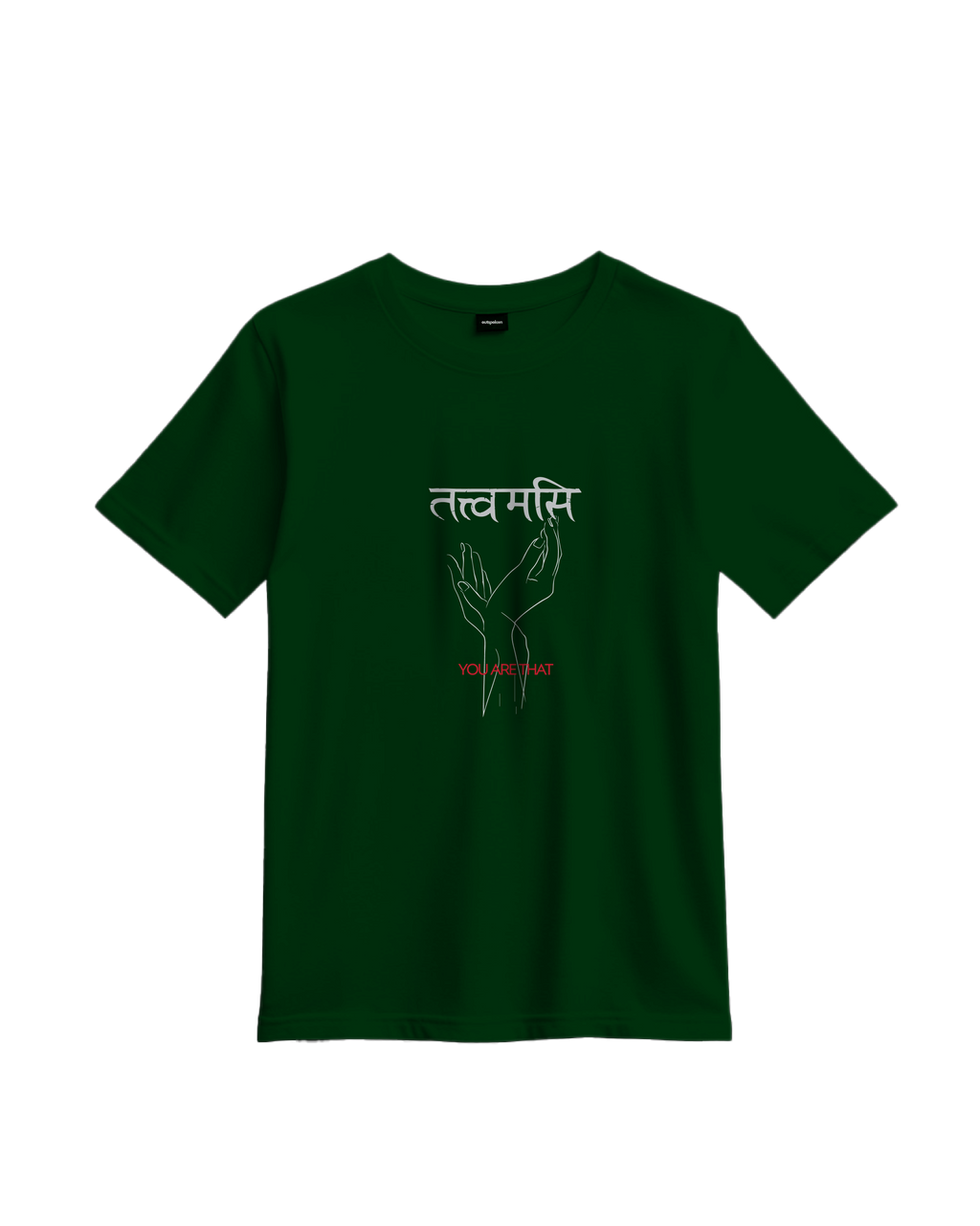 Outspoken dark green Indian philosophy shirt with Sanskrit text and hand illustration on front
