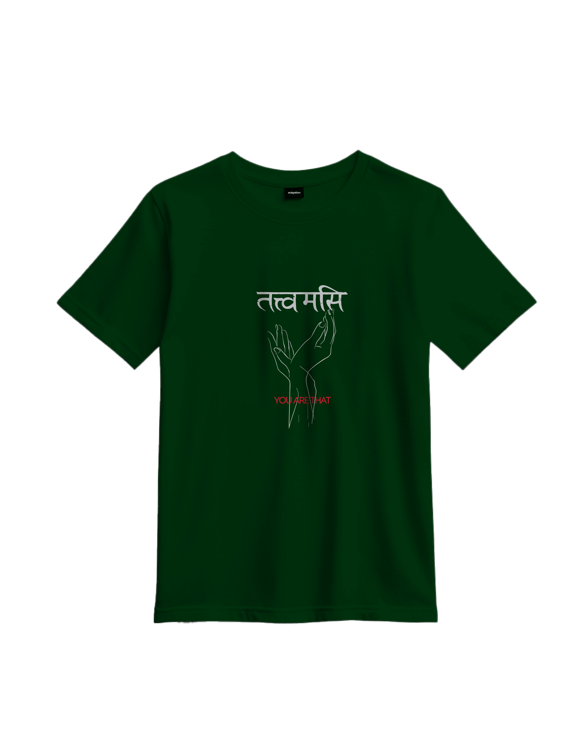 Outspoken dark green Indian philosophy shirt with Sanskrit text and hand illustration on front