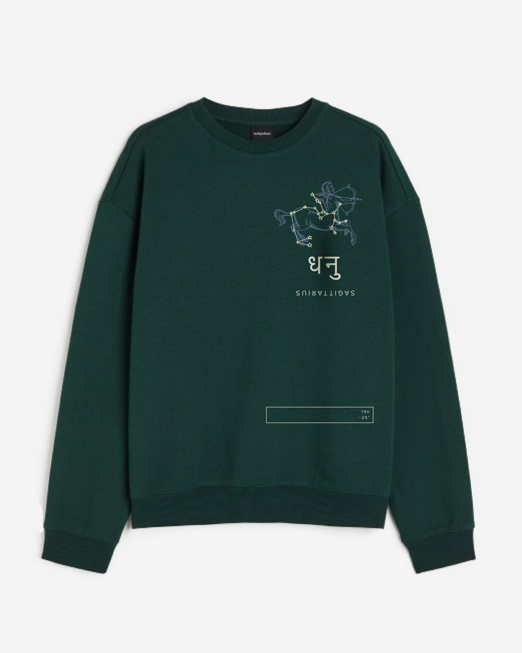 Outspoken dark green sweatshirt featuring Indian zodiac sign clothing Sagittarius design with constellation artwork