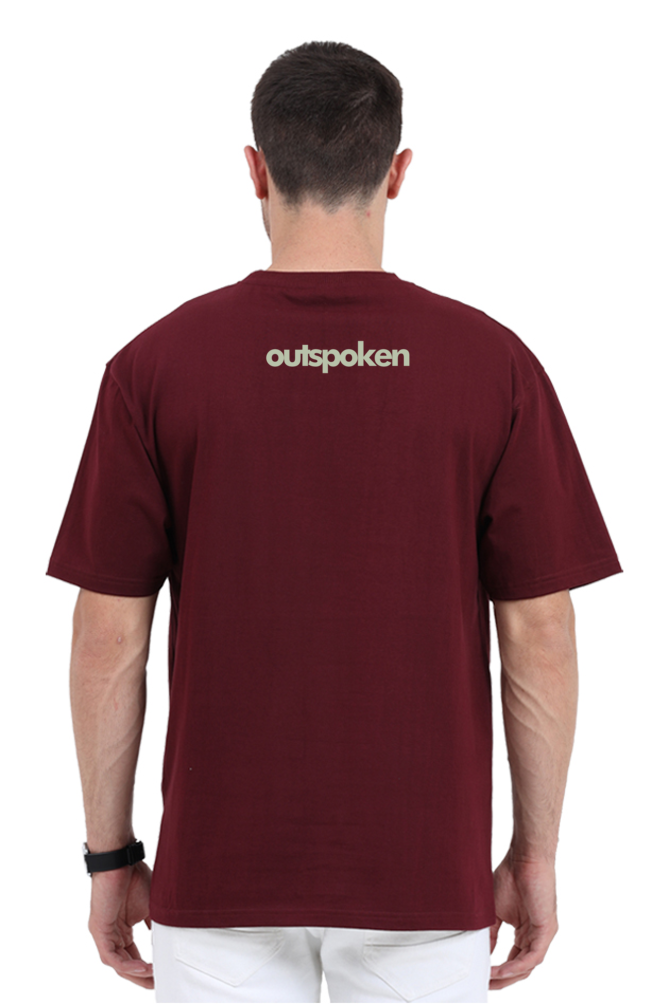 Back view of a man wearing Outspoken Khalsa oversize t-shirt in maroon with white Outspoken logo