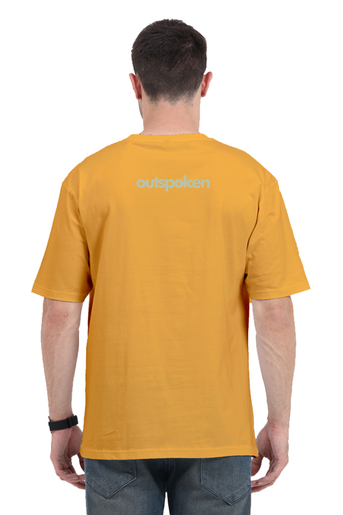 Back view of man wearing mustard Khalsa oversize t-shirt by Outspoken with logo on upper back