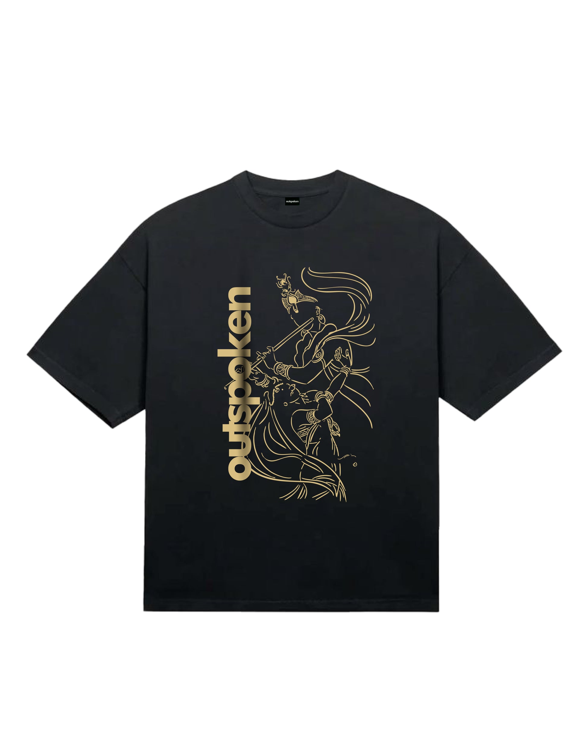 Black Krishna flute graphic t-shirt by Outspoken with gold artistic design and bold logo print