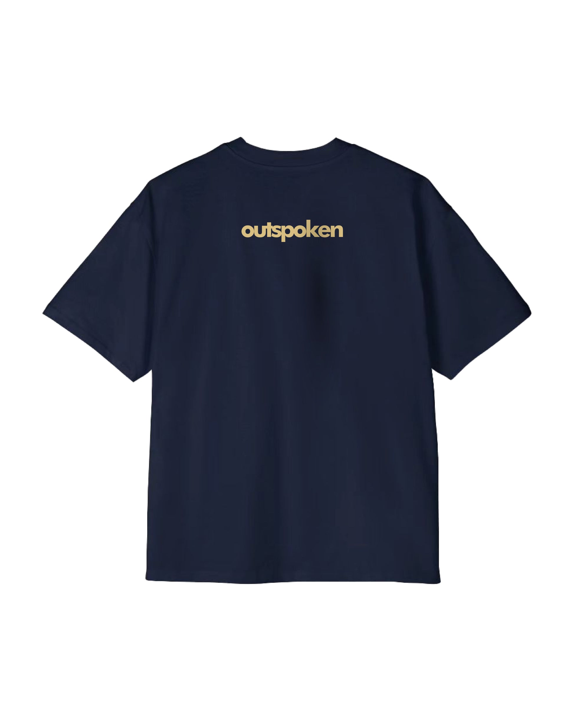 Outspoken navy blue Krishna flute graphic t-shirt with simple yellow logo on back