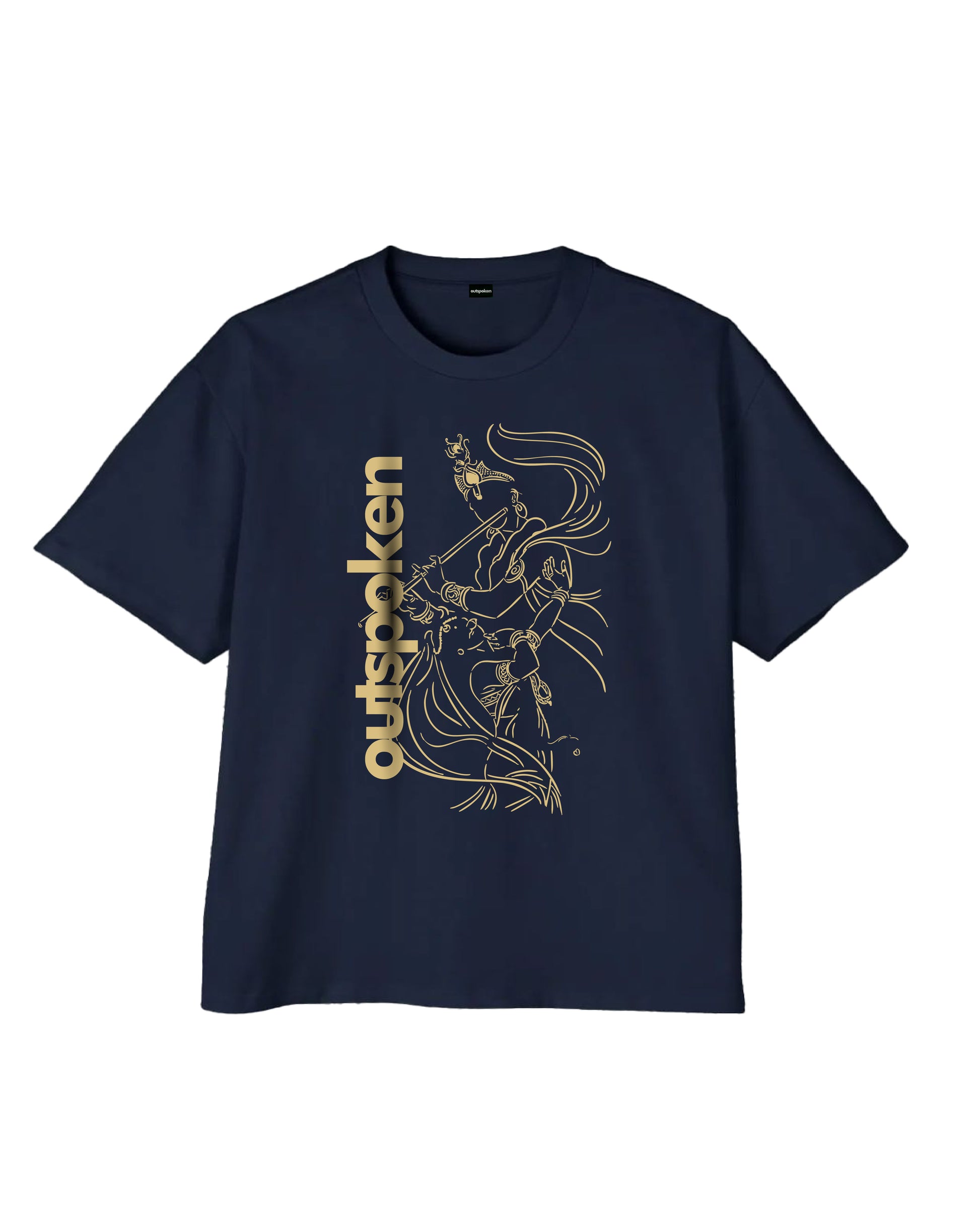 Outspoken navy Krishna flute graphic t-shirt with artistic gold line drawing and vertical logo