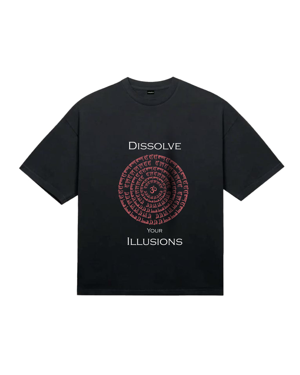 Outspoken black oversized graphic t-shirt with red spiral design and dissolve your illusions text