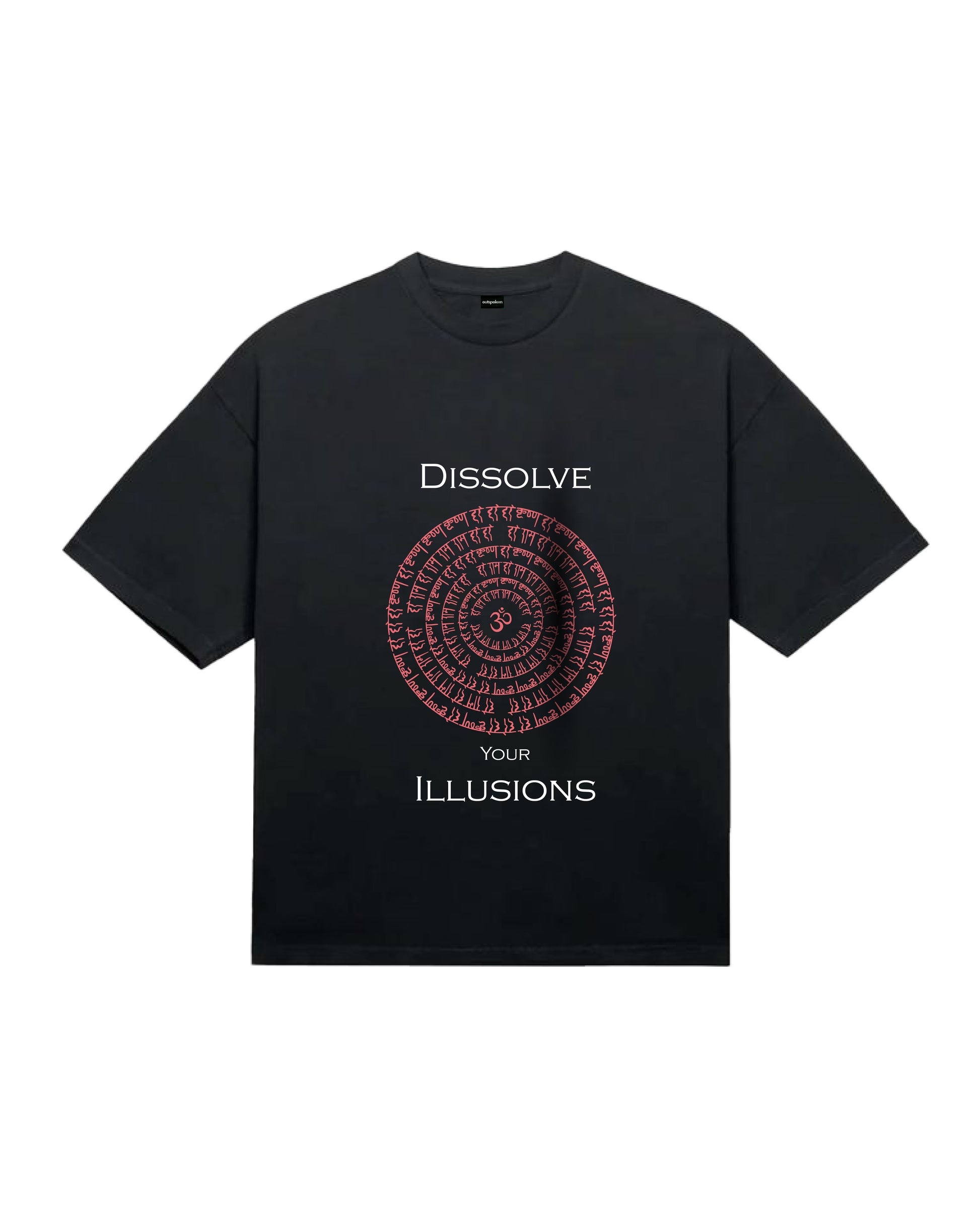 Outspoken black oversized graphic t-shirt with red spiral design and dissolve your illusions text