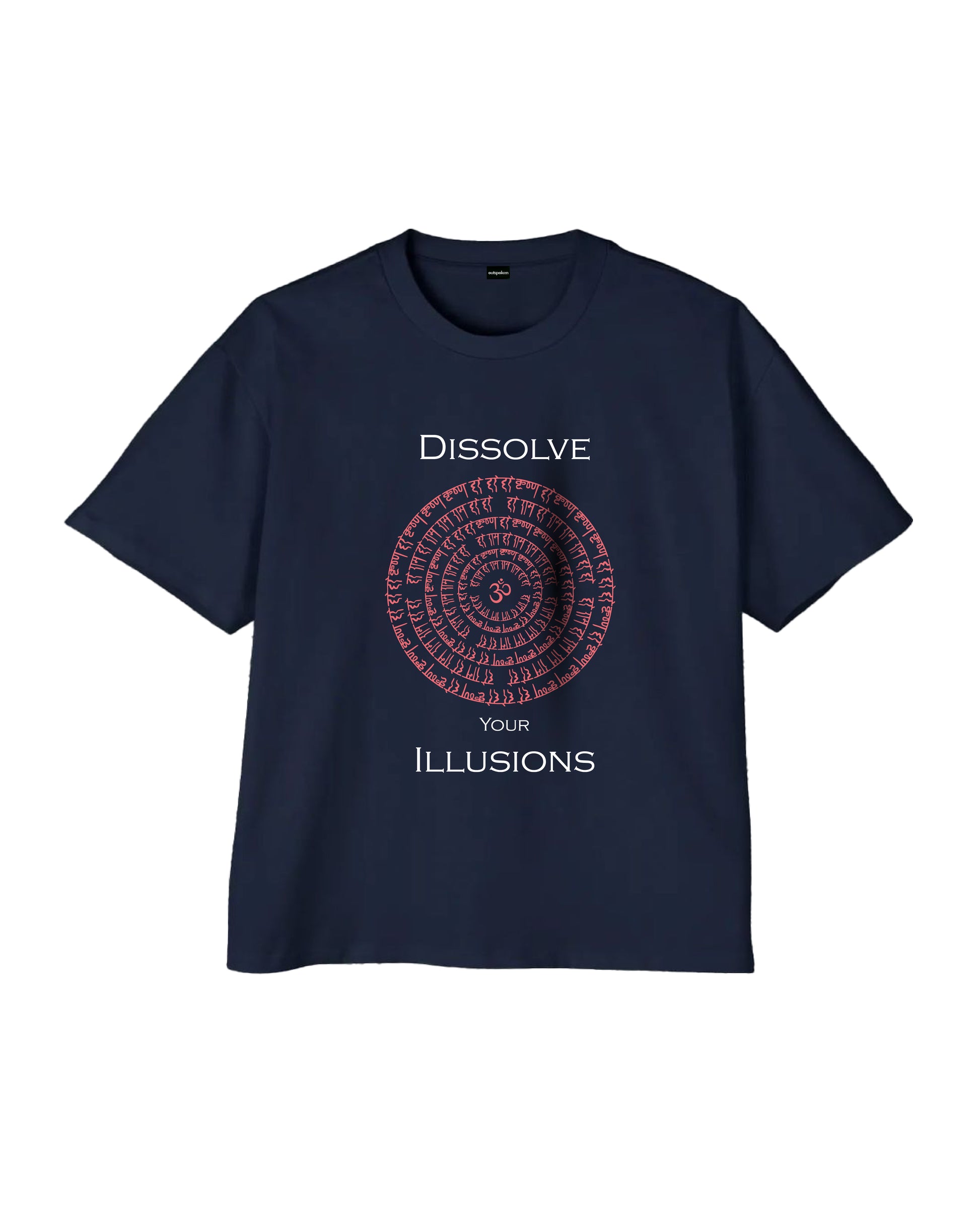 Outspoken navy oversized graphic t-shirt with circular red design and dissolve your illusions text