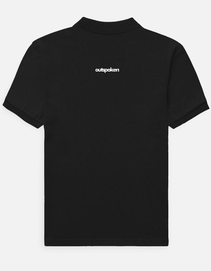 Outspoken premium black polo shirt showing back view with logo on collar area