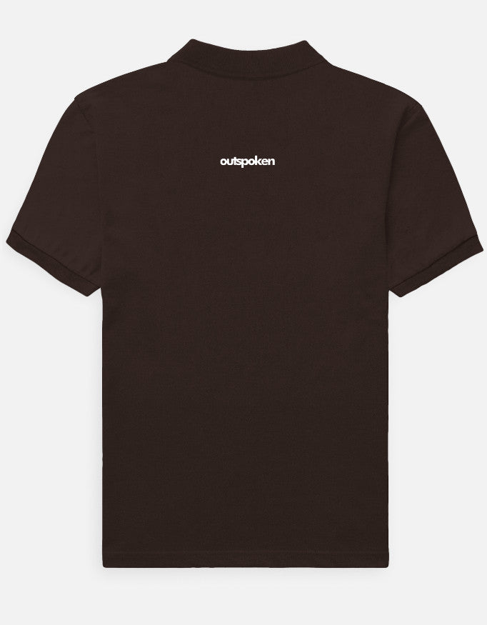 Outspoken premium coffee brown polo shirt with short sleeves and branded logo on back