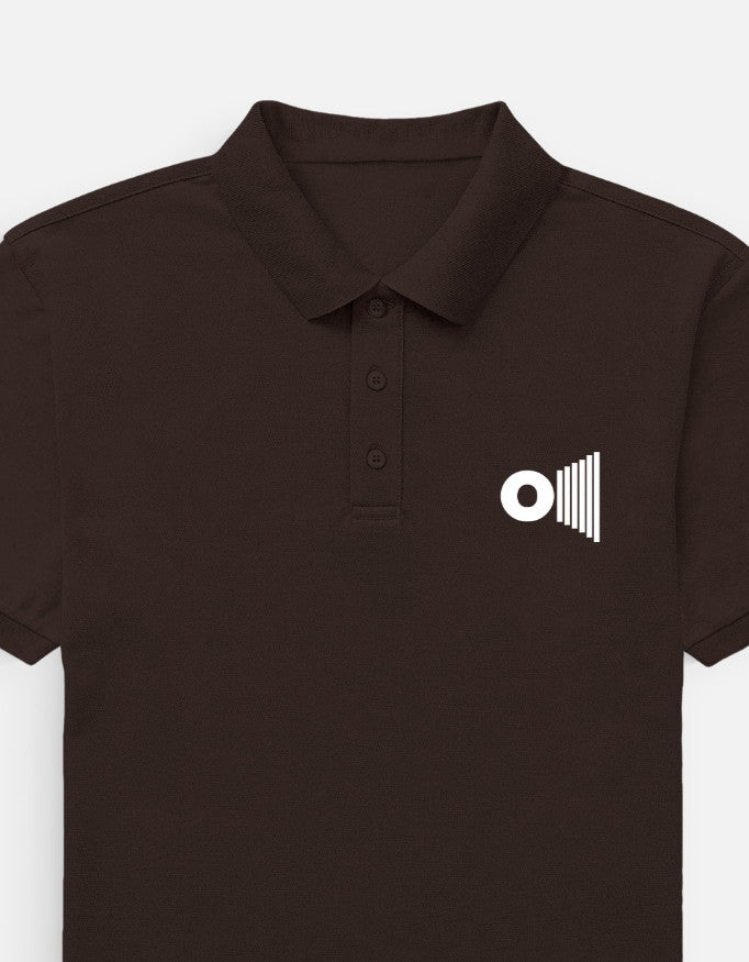 Outspoken premium coffee brown polo shirt with three-button placket and white logo on chest
