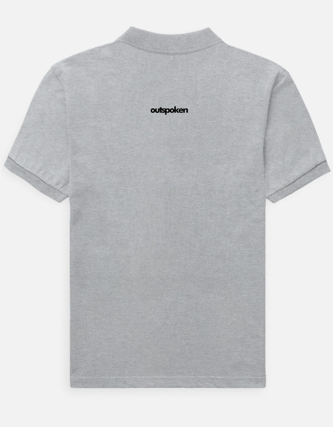 Outspoken premium gray polo shirt showing back view with logo on upper back and short sleeves