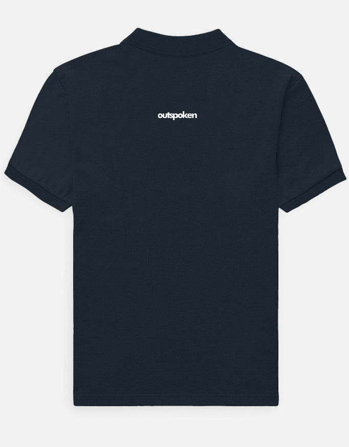 Back view of Outspoken premium navy blue polo shirt with short sleeves and logo on upper back
