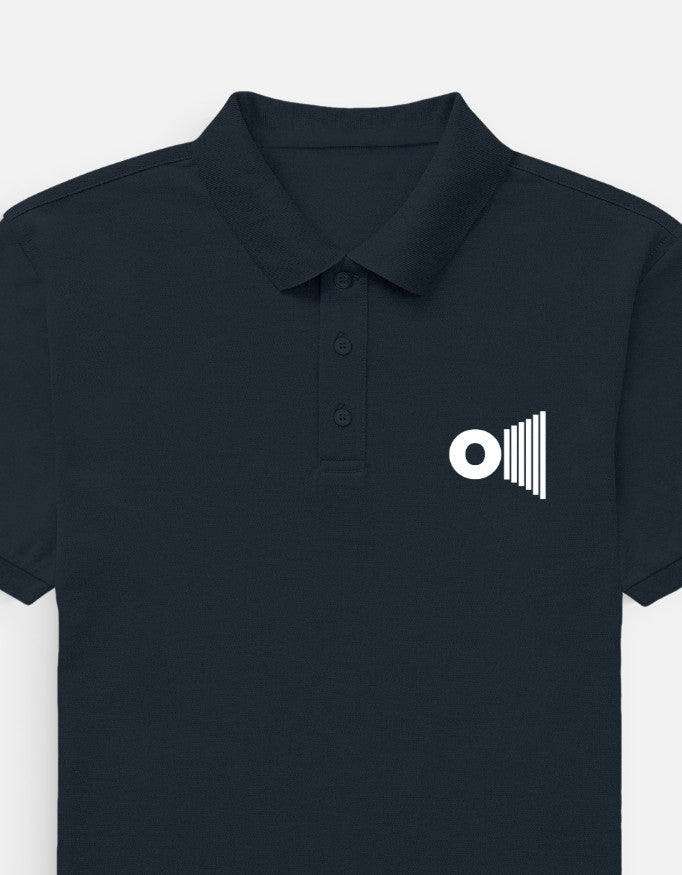 Outspoken premium navy blue polo shirt with collar and white logo on chest
