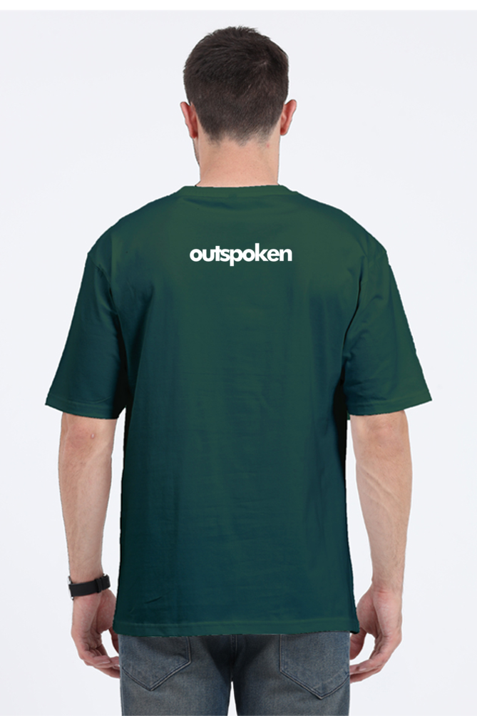 Back view of a man wearing a green Outspoken Shiva oversize t-shirt with short sleeves