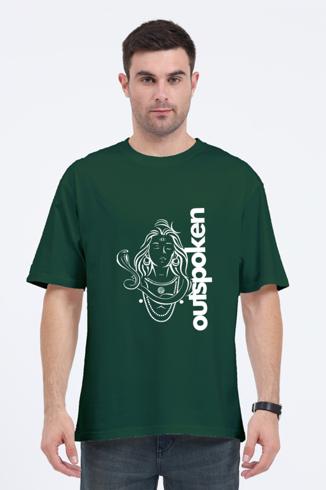 Man wearing a green Shiva oversize t-shirt with white Outspoken logo and graphic design