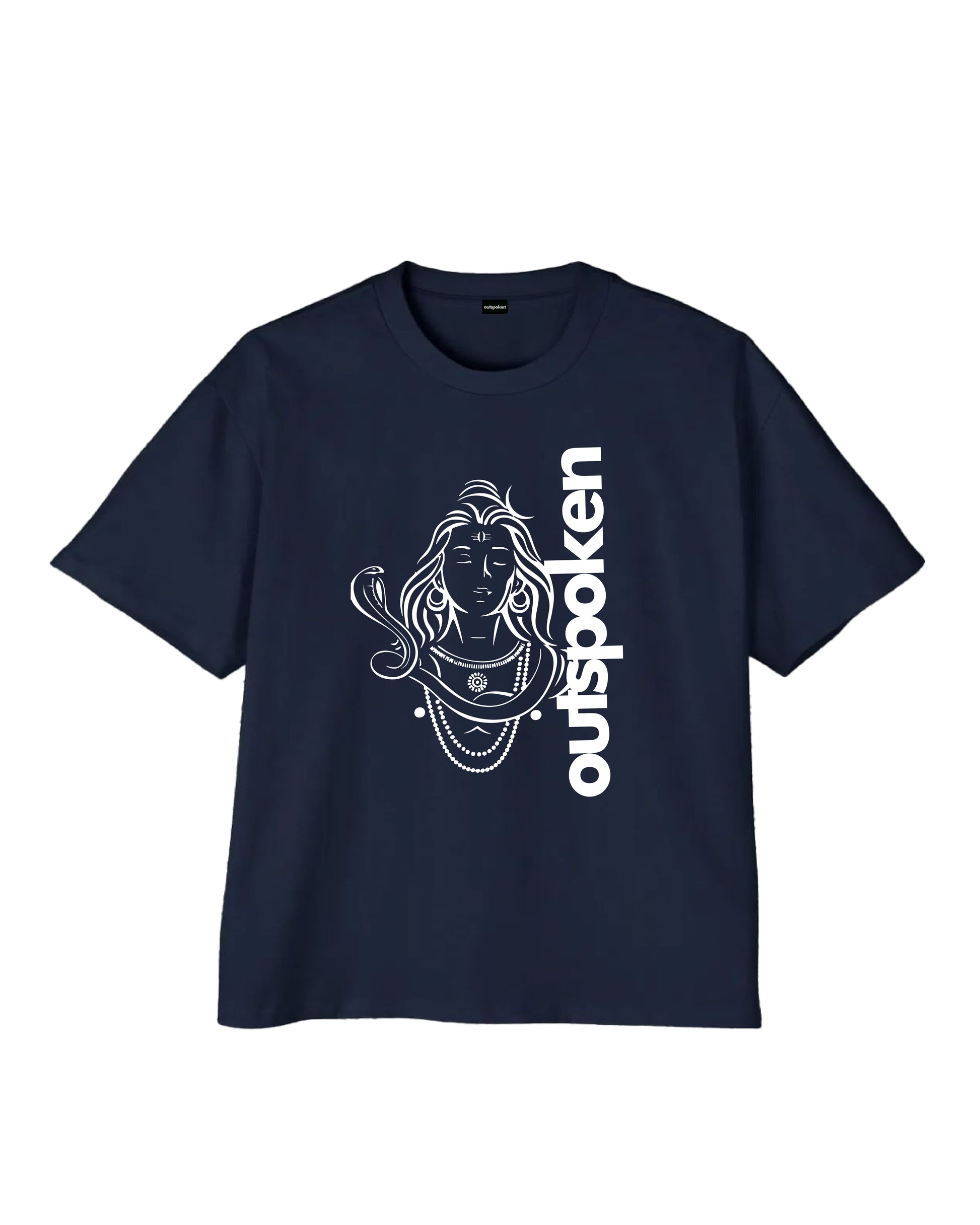 Navy blue Shiva oversize t-shirt by Outspoken with white graphic print of Shiva and logo text