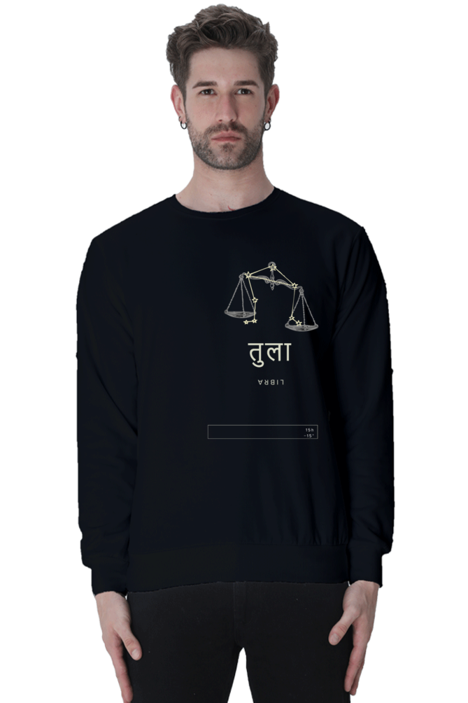 Black zodiac sign sweatshirt for women featuring Libra scales design by Outspoken