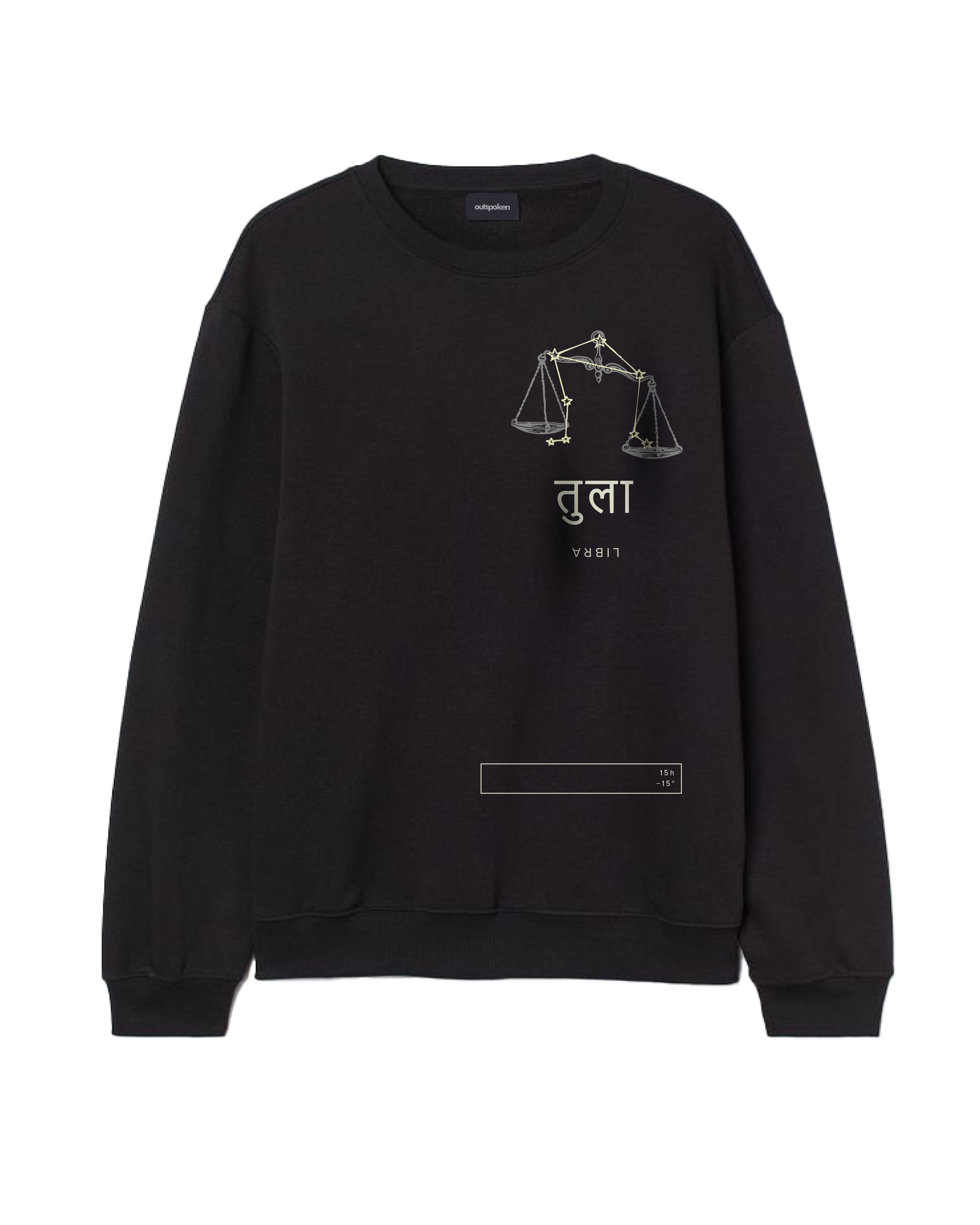 Outspoken black zodiac sign sweatshirt for women featuring Libra constellation and symbol design
