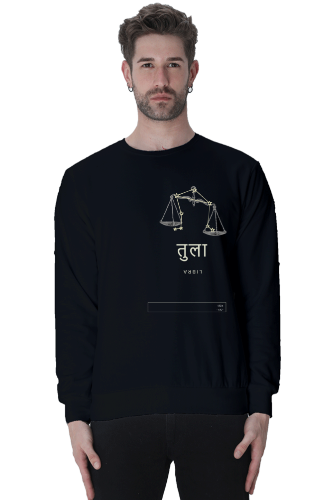 Outspoken black zodiac sign sweatshirt for women featuring Libra constellation and symbol