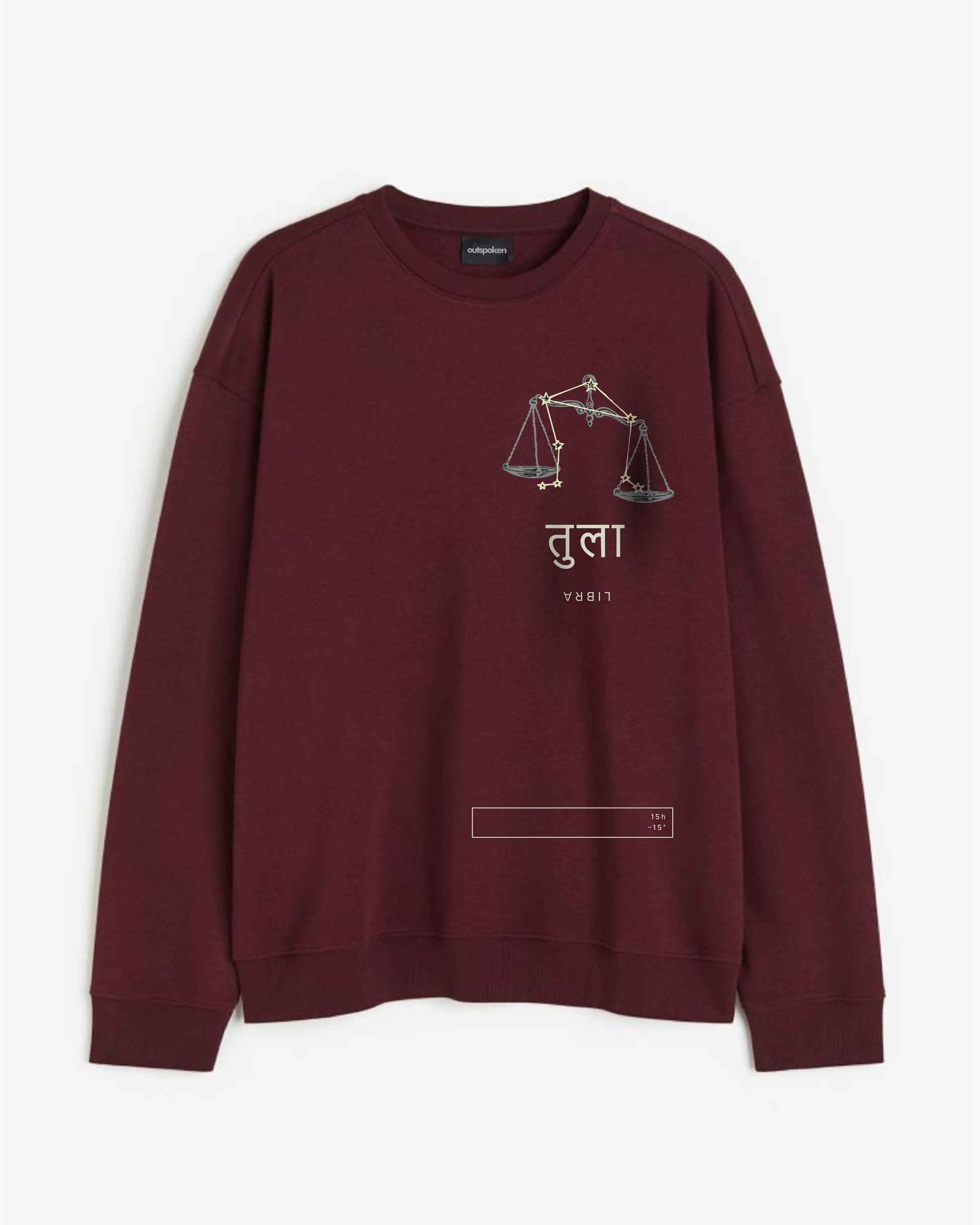 Outspoken maroon zodiac sign sweatshirt for women featuring Libra scales design and text