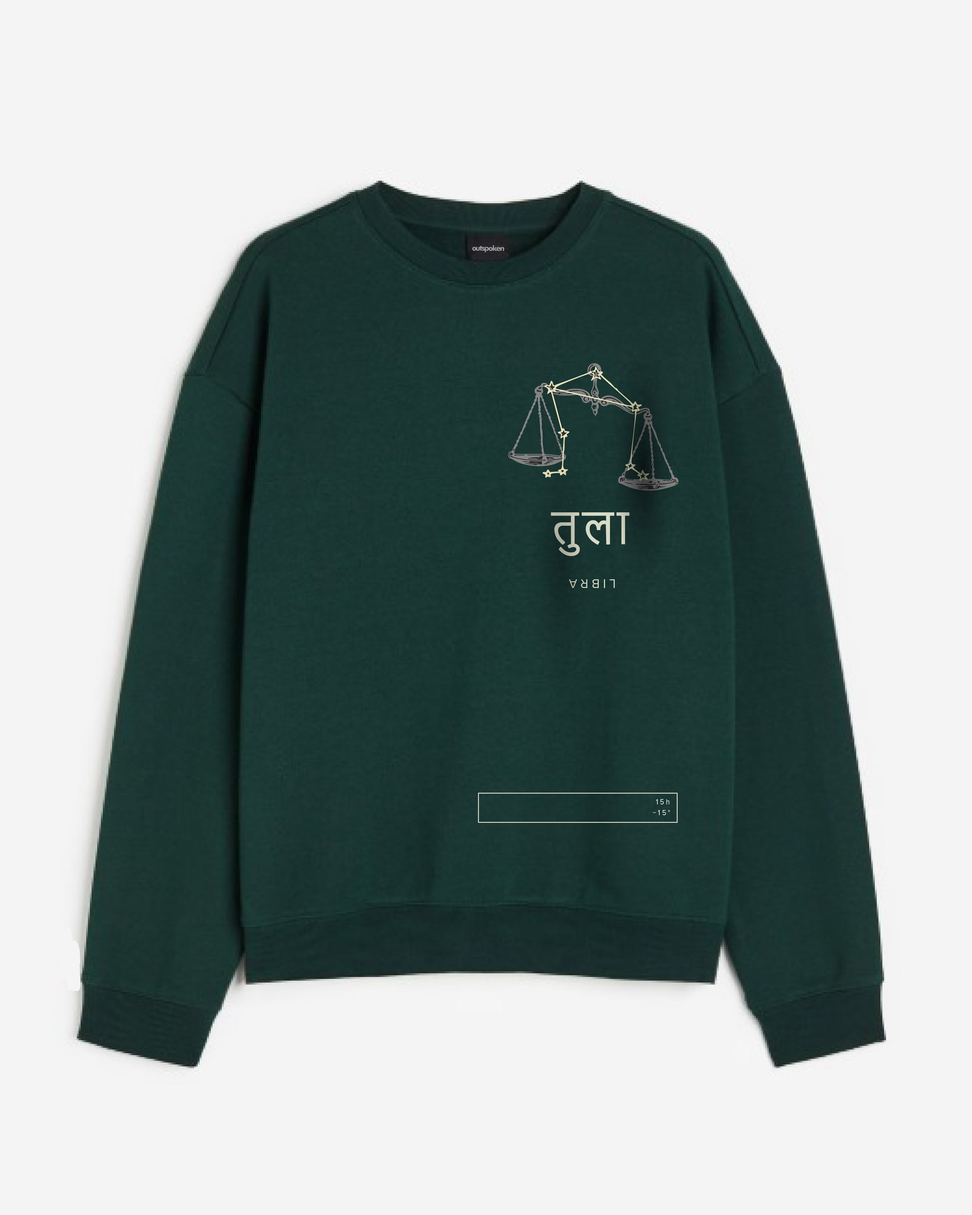 Outspoken green zodiac sign sweatshirt for women featuring Libra scales and script design