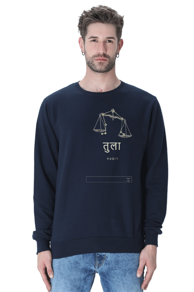 Navy Outspoken zodiac sign sweatshirt for women featuring Libra scales design on front