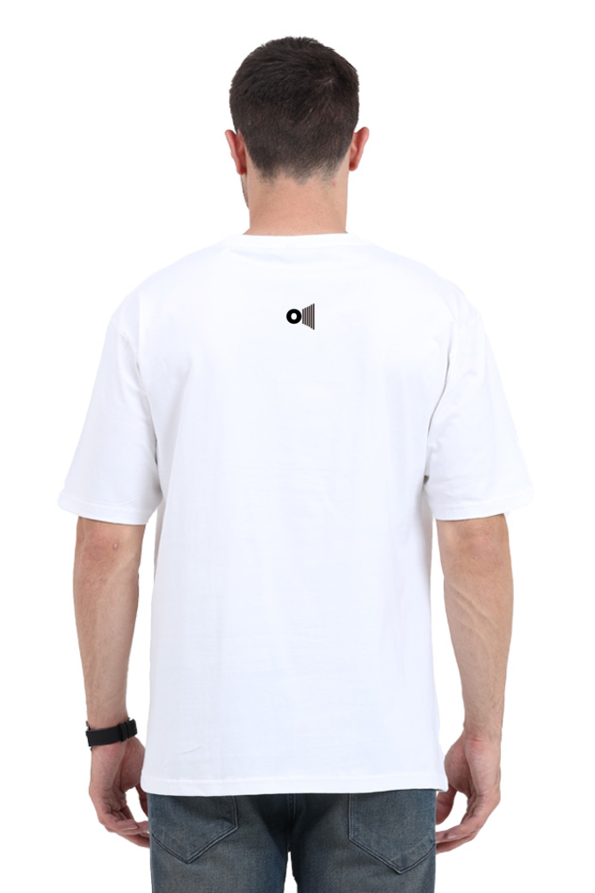 Back view of oversized Hindu mythology shirt by Outspoken in white worn by a man