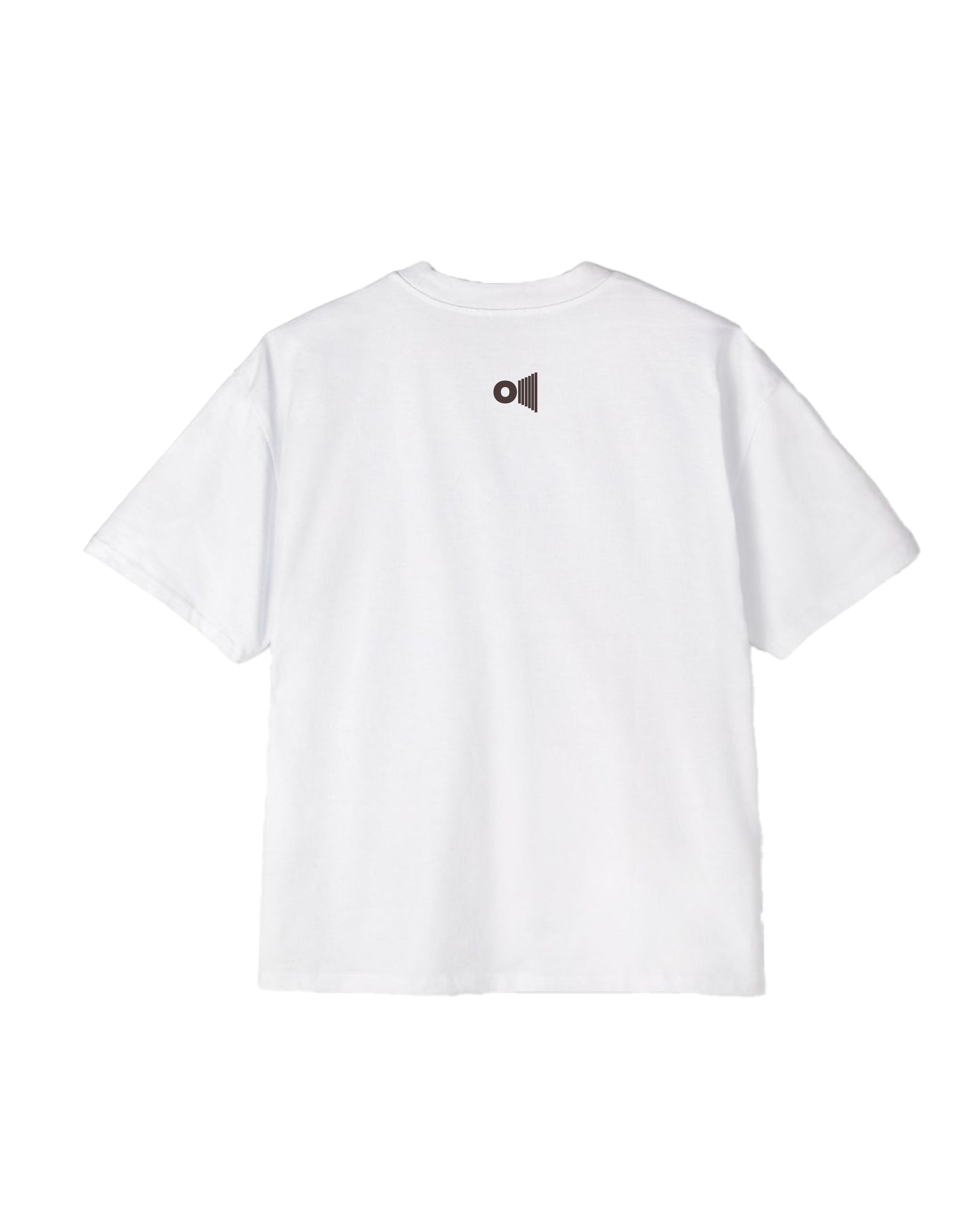 White oversized Hindu mythology shirt from Outspoken showing the back with a small logo print