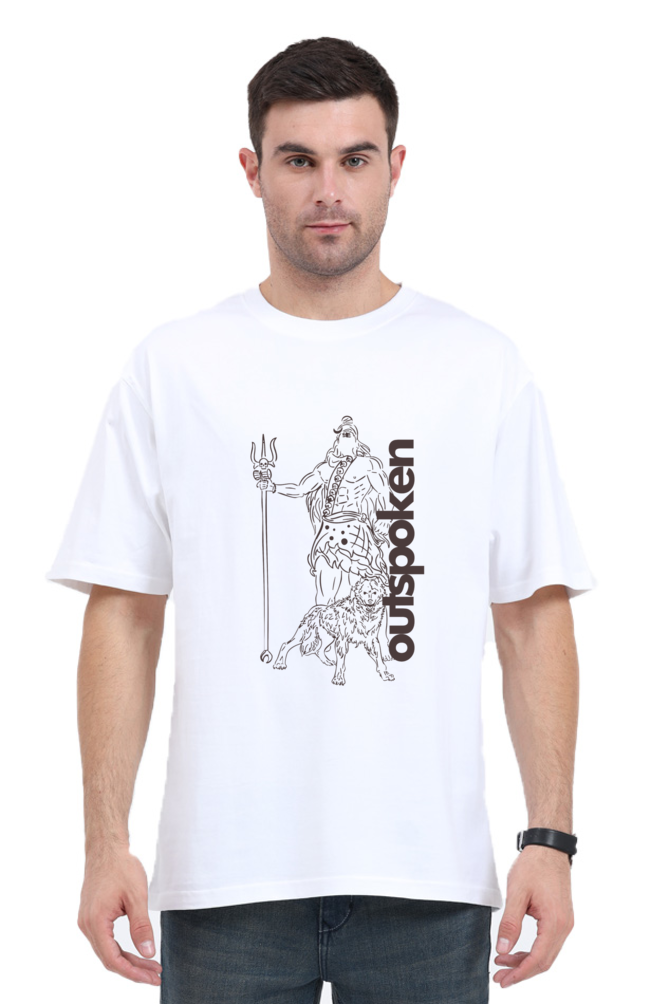 White oversized Hindu mythology shirt by Outspoken featuring a detailed black graphic of a mythological figure