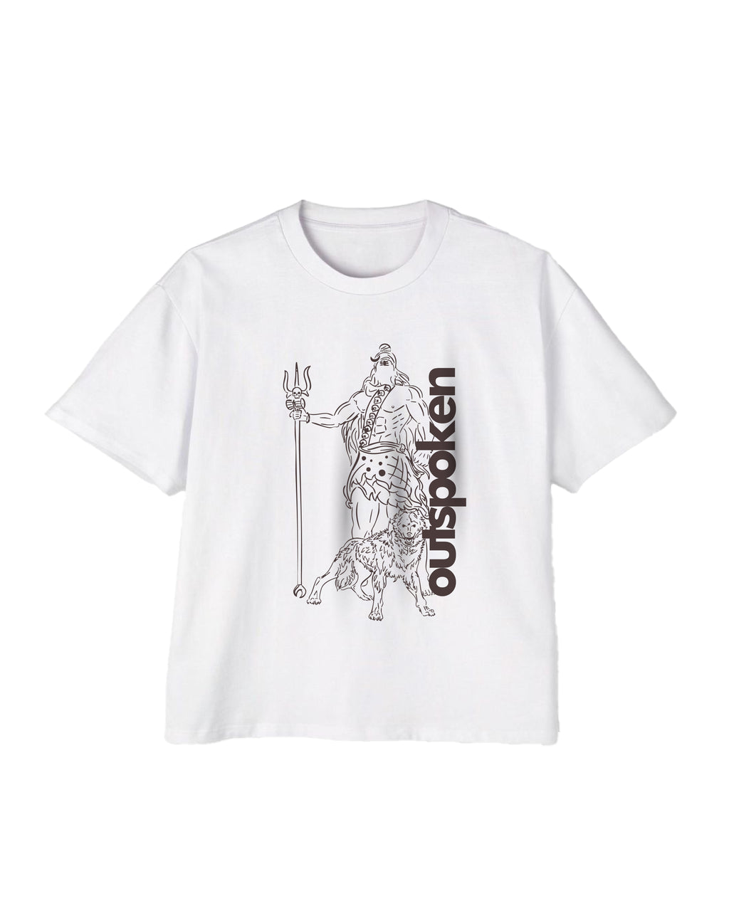 White oversized Hindu mythology shirt with black graphic of deity holding trident and Outspoken logo