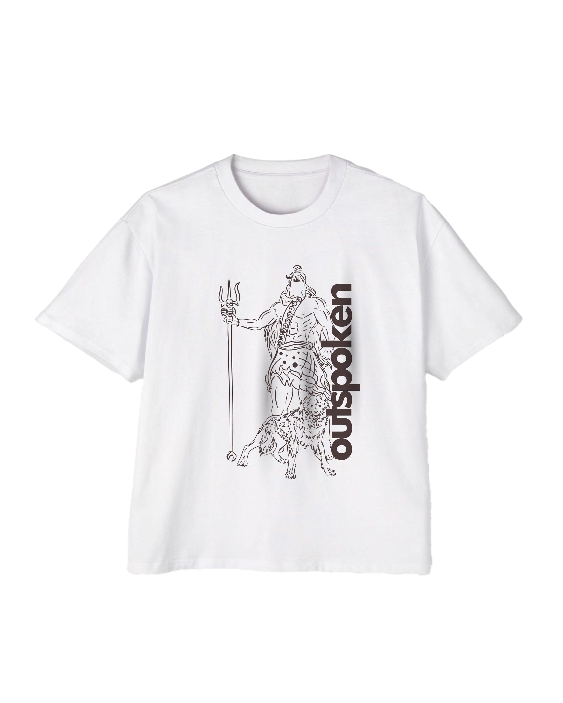 White oversized Hindu mythology shirt with black graphic of deity holding trident and Outspoken logo