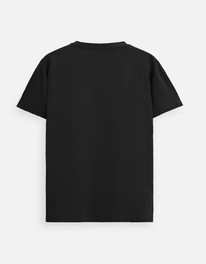 Back view of Outspoken black premium Indian graphic tee with short sleeves and crew neck