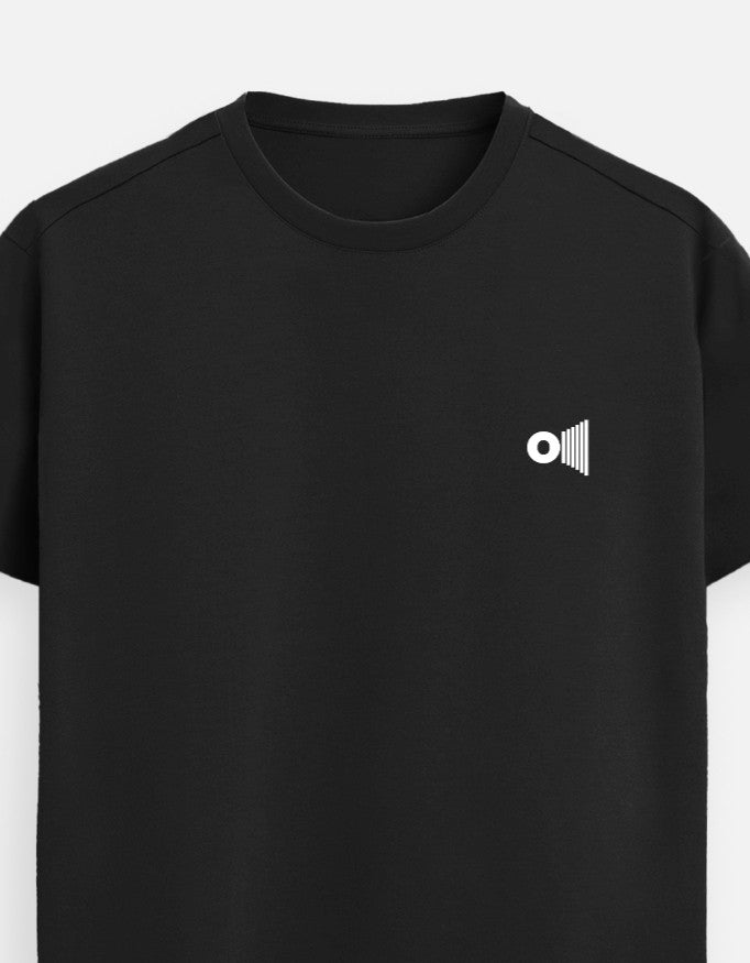 Outspoken black premium Indian graphic tee with small white abstract logo on chest