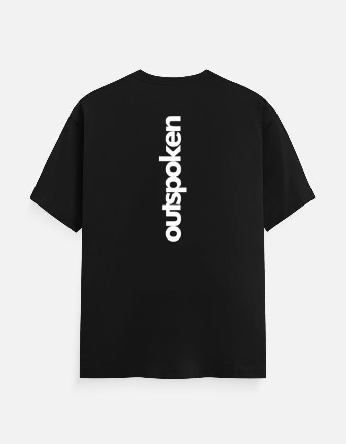 Black Outspoken Puri Odisha heritage shirt with white vertical logo on the back