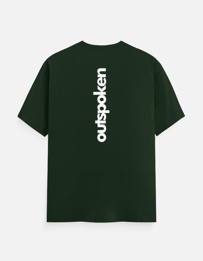 Dark green Outspoken t-shirt with vertical white logo on the back Puri Odisha heritage shirt