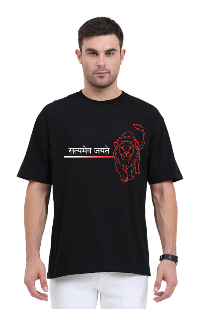 Outspoken black Satyamev Jayate t-shirt with red lion graphic worn by male model