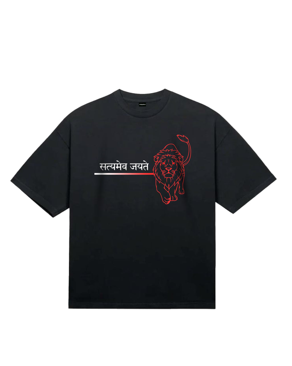 Outspoken black Satyamev Jayate t-shirt with red lion graphic and Hindi text design