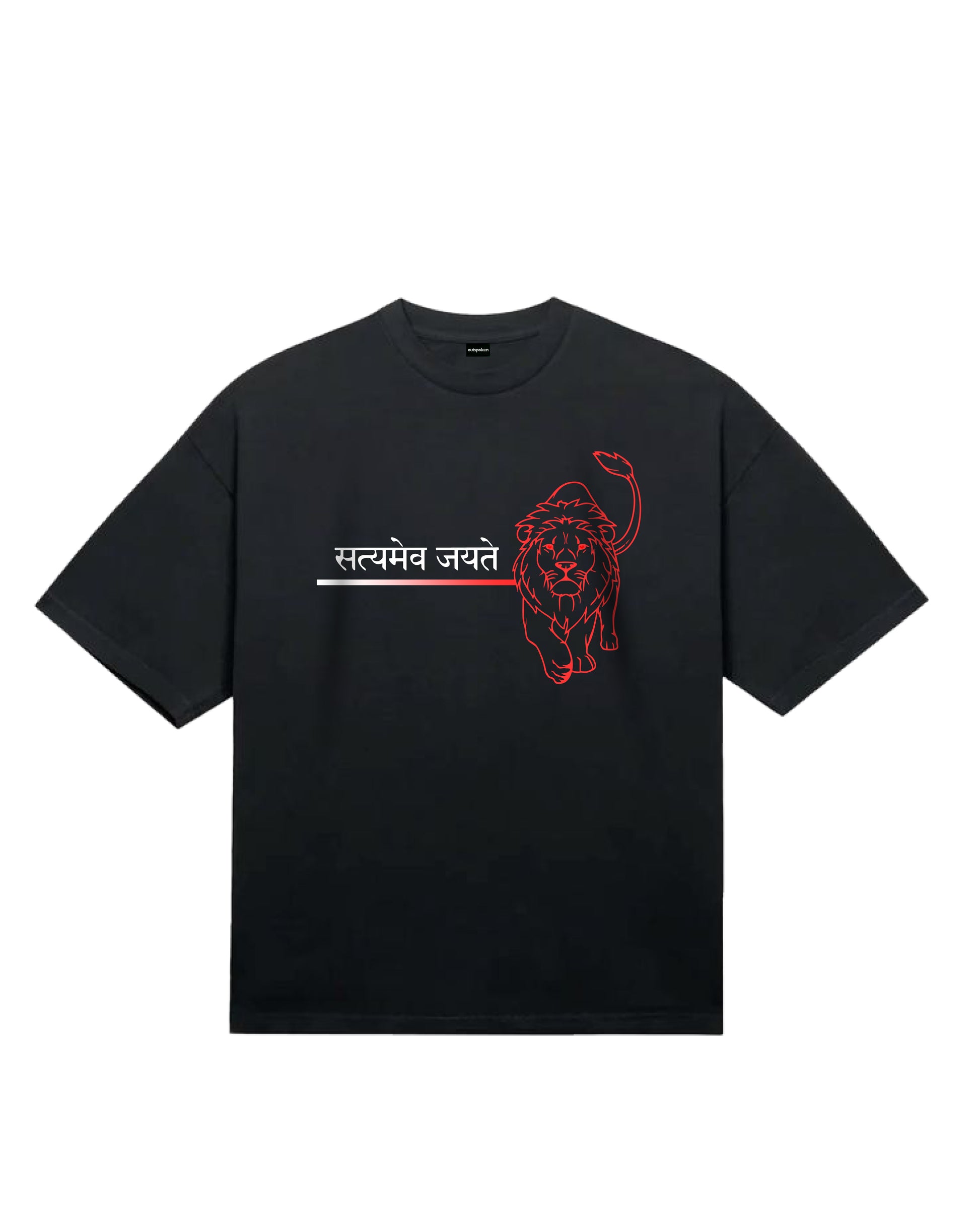 Outspoken black Satyamev Jayate t-shirt with red lion graphic and Hindi text design