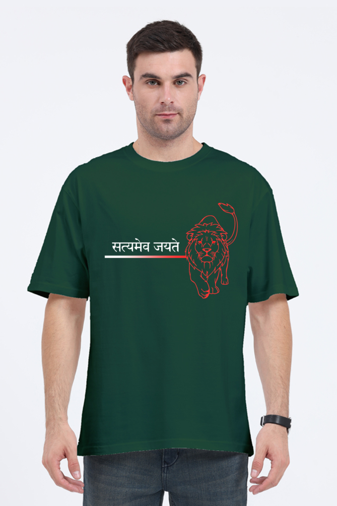 Outspoken green Satyamev Jayate t-shirt with red lion graphic and white Hindi text worn by male model