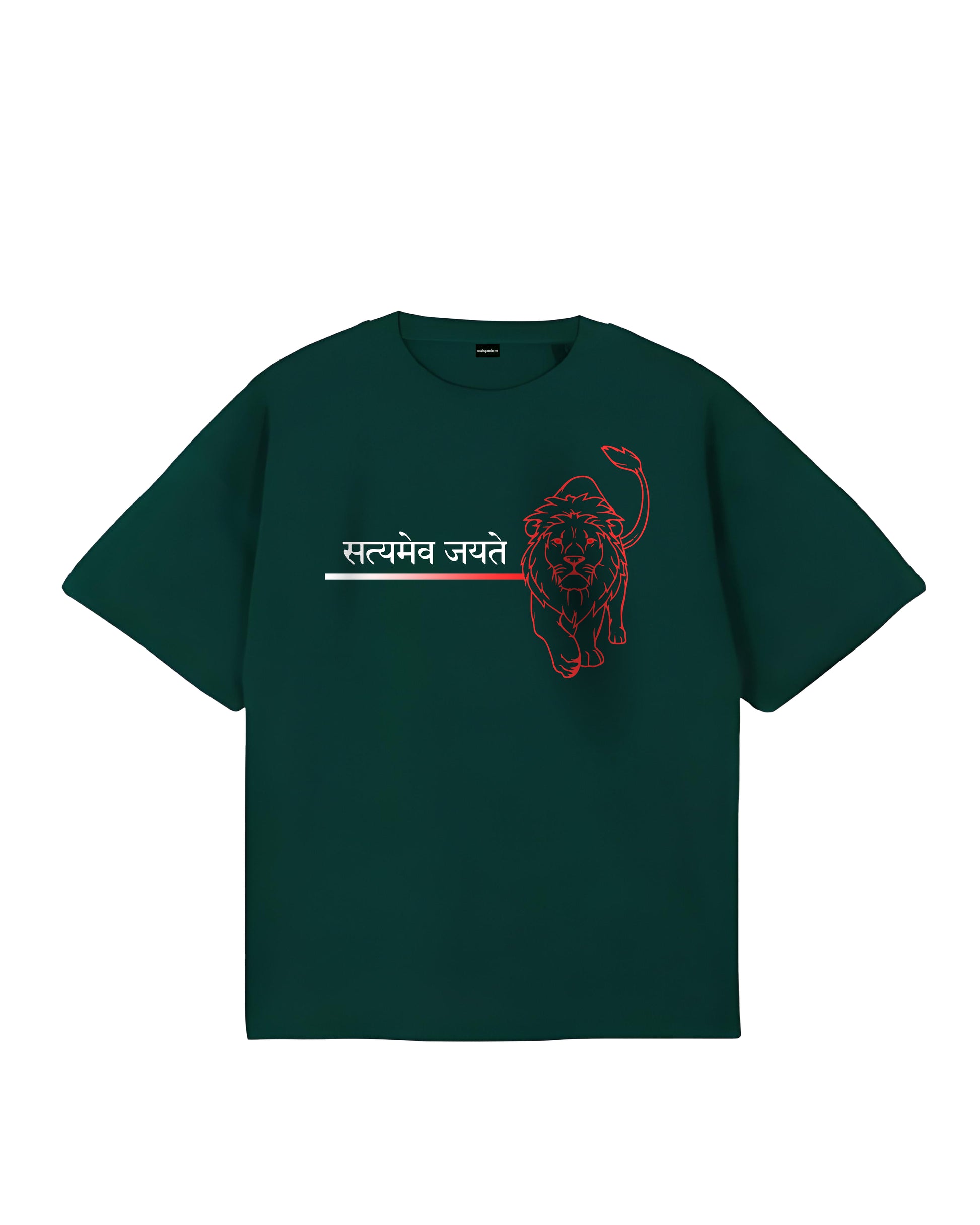 Outspoken dark green Satyamev Jayate t-shirt with red lion graphic and Hindi text design