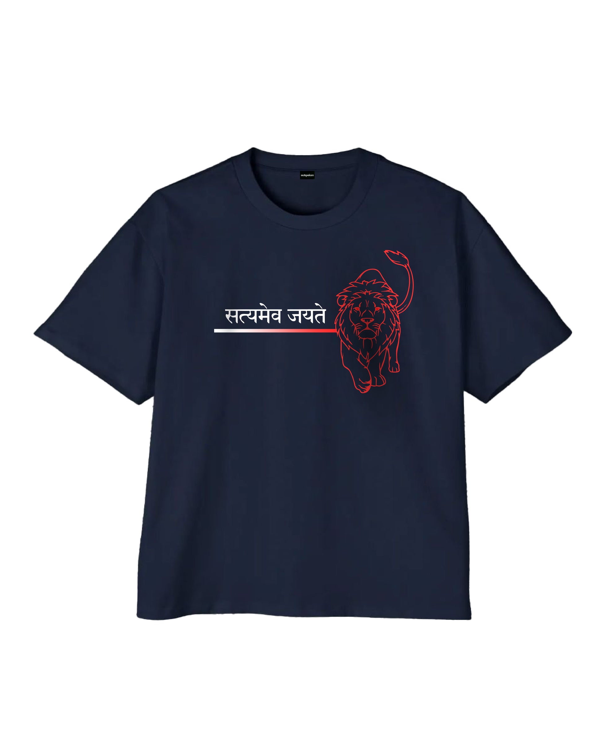Outspoken navy blue Satyamev Jayate t-shirt with red lion graphic and Hindi text design
