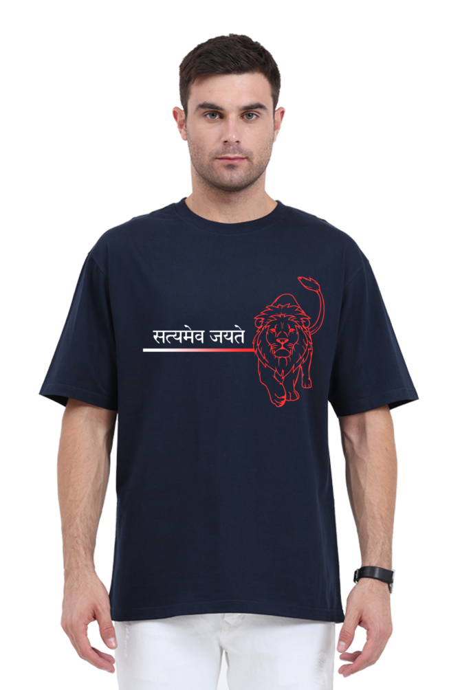 Outspoken navy blue Satyamev Jayate t-shirt with red lion graphic worn by male model
