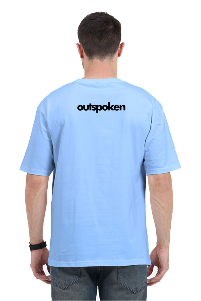 Back view of a man wearing a light blue Outspoken Shiva graphic T-shirt with black logo print