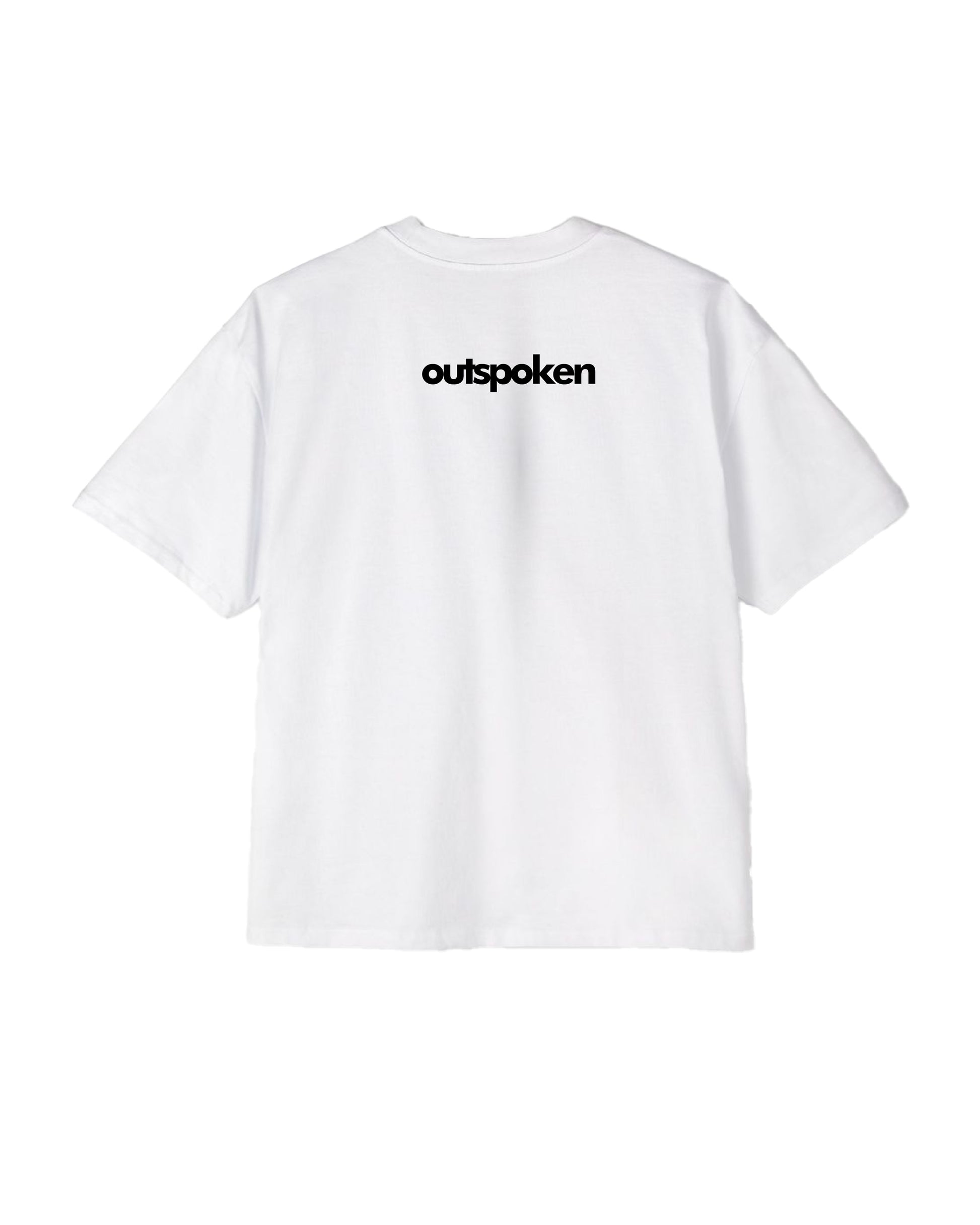 White Outspoken Shiva graphic T-shirt with black logo text on the back