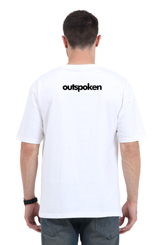 Back view of a man wearing a white Outspoken Shiva graphic T-shirt with black logo print